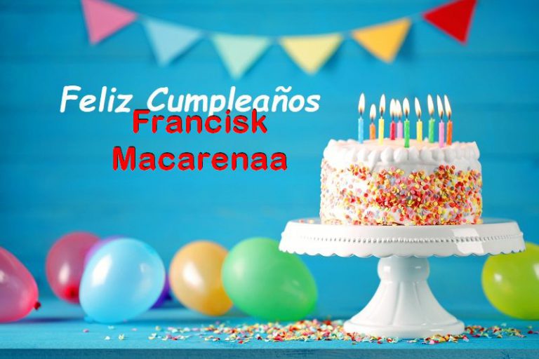 Happy birthday cake with burning candles, balloons and pennant
