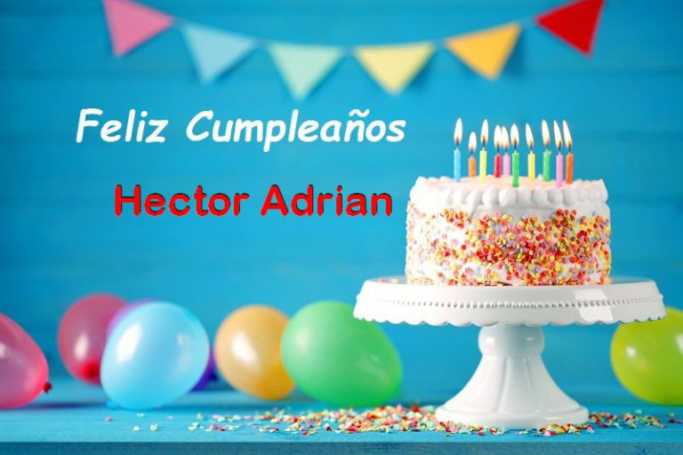 Happy birthday cake with burning candles, balloons and pennant