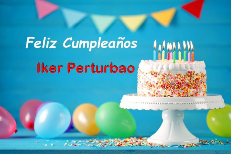 Happy birthday cake with burning candles, balloons and pennant