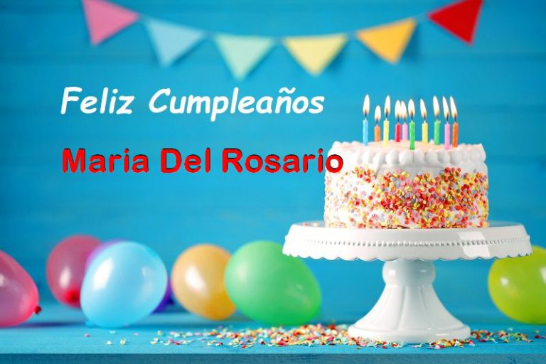 Happy birthday cake with burning candles, balloons and pennant