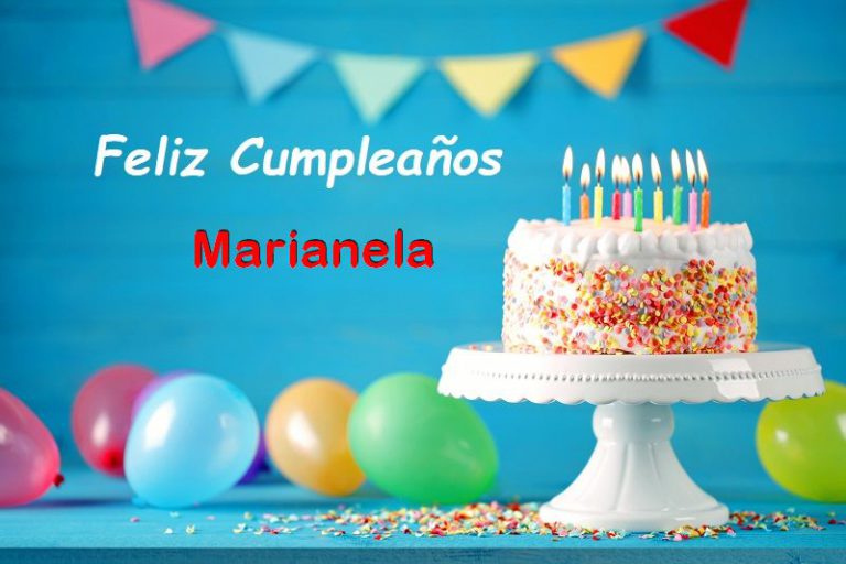 Happy birthday cake with burning candles, balloons and pennant