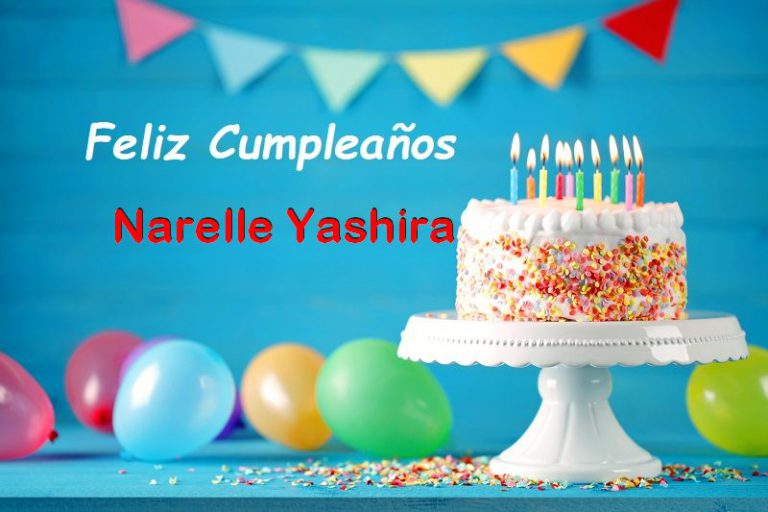 Happy birthday cake with burning candles, balloons and pennant