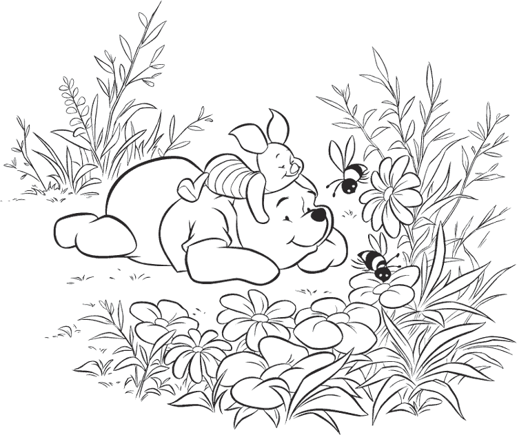 Dibujos Para Colorear Pooh Observando Abejas Y Flores - Dibujos Para Colorear Pooh Observando Abejas Y Flores